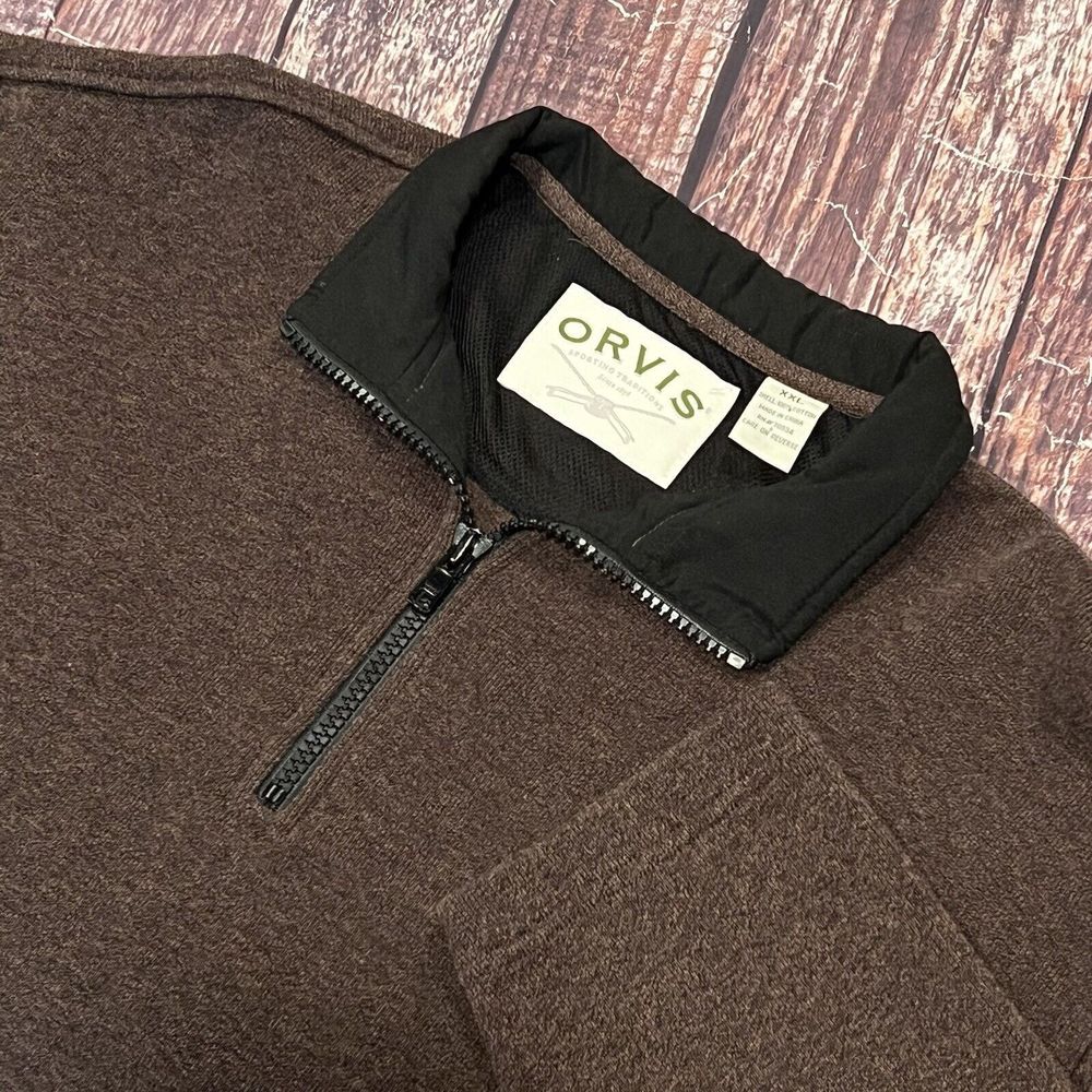 Orvis Men Brown Long Sleeve Pocket 1/4‎ Zip Pullover Casual Outdoor Sweater 2XL